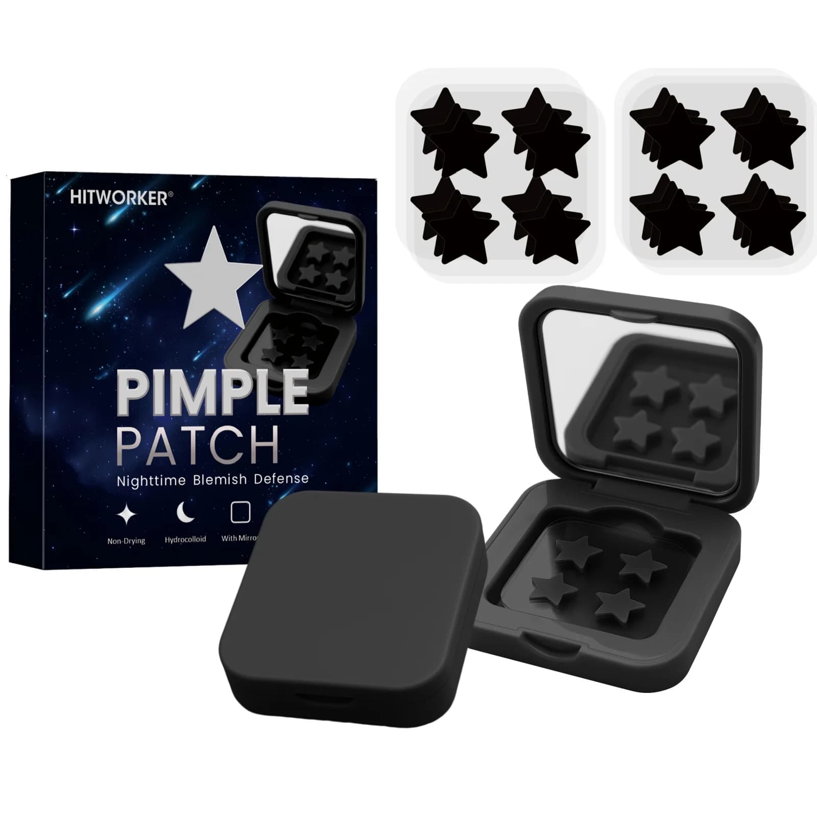 Star-shaped black acne patches in 60-piece mirror box: hydrocolloidal, hides, light and detergents for pores
