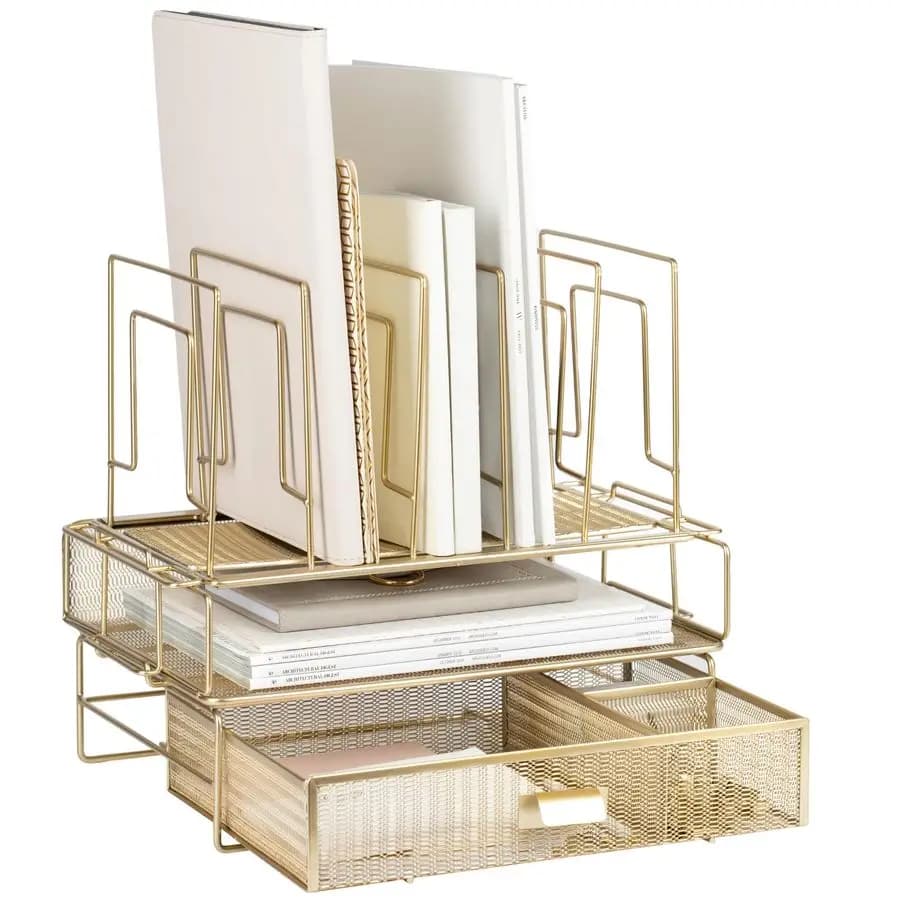 Set Organizer da Scrivania Dorato con Portadocumenti Staccabile, Vassoio Portaoggetti Impilabile e Cassetto Contenitore – Eleganti Accessori da Scrivania Dorati