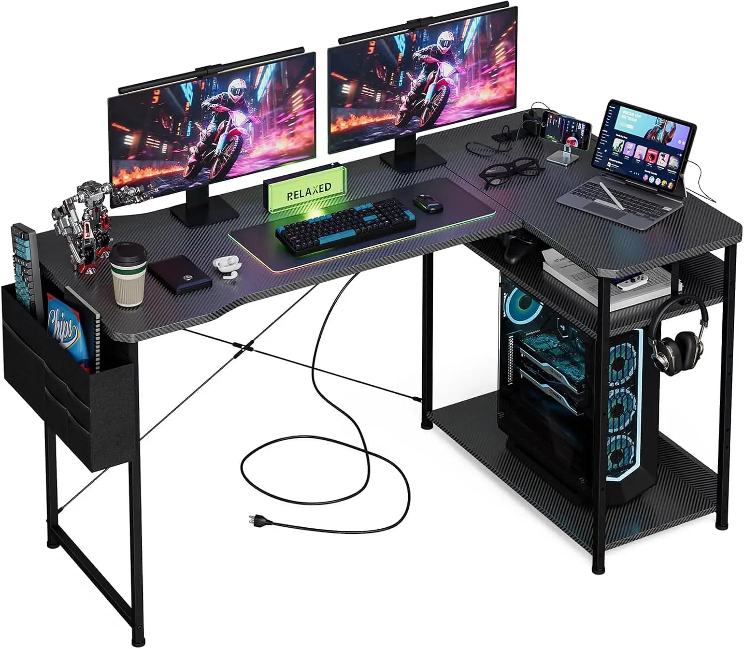 Scrivania da Gaming a L da 55 Pollici con Prese di Corrente, Scrivania Angolare per Computer per Ufficio Domestico, Ripiani Reversibili e Borsa Portaoggetti, Nera