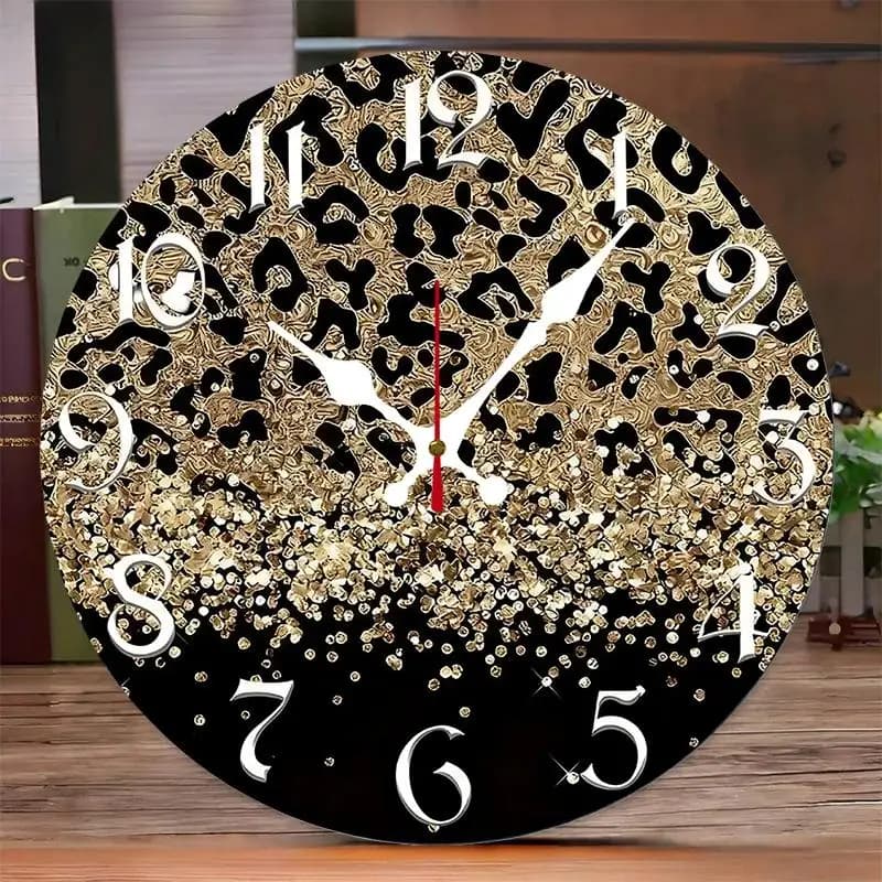 DIY 2D Flat Golden Leopard Glitter Wooden Round Silent Hanging Wall Clock,Suitable For Living Room,Office,Study Room,Bedroom,Home Decoration