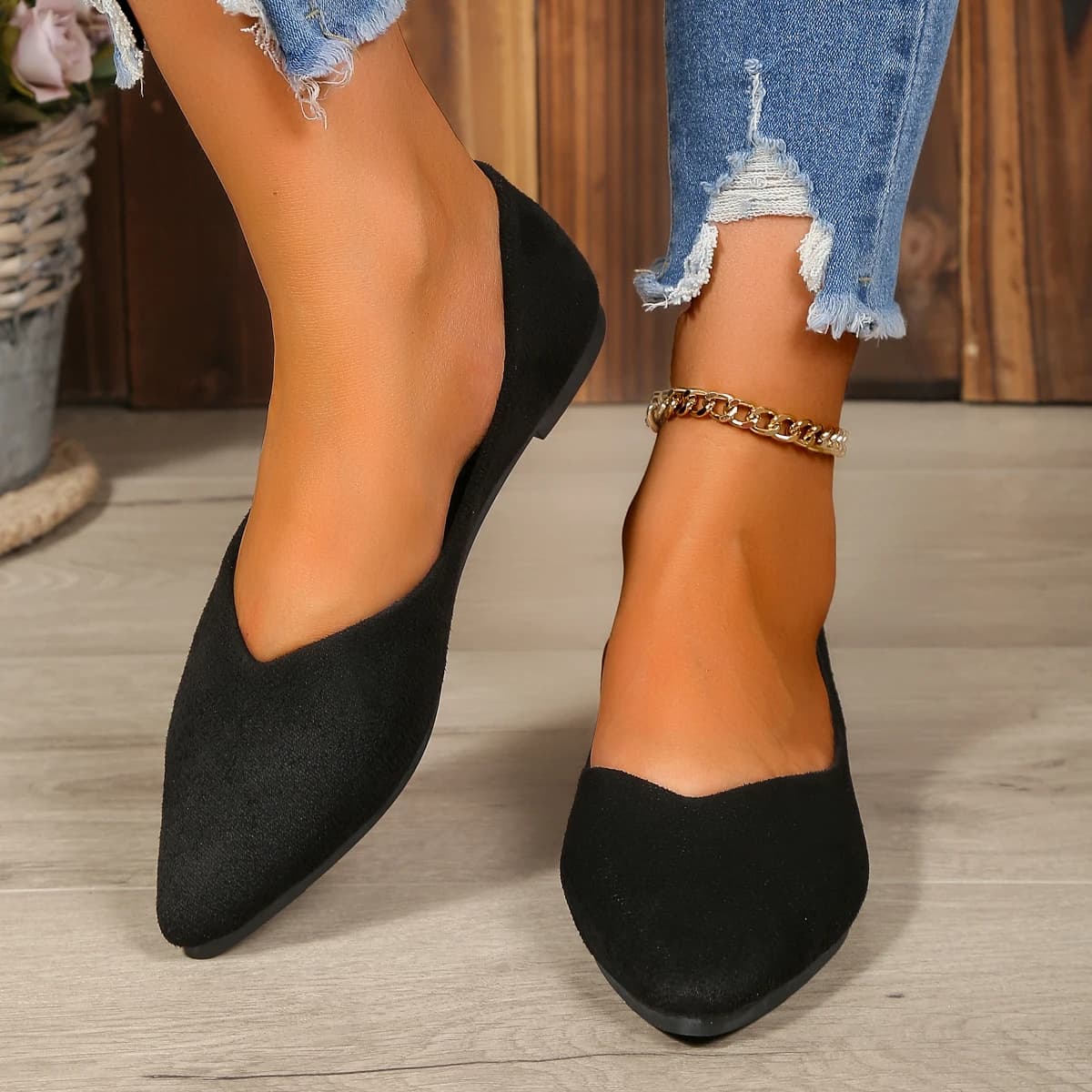 Scarpe basse da donna in camoscio a punta con taglio a V, ballerine casual comode per ufficio, con suola morbida, slip-on, mocassini