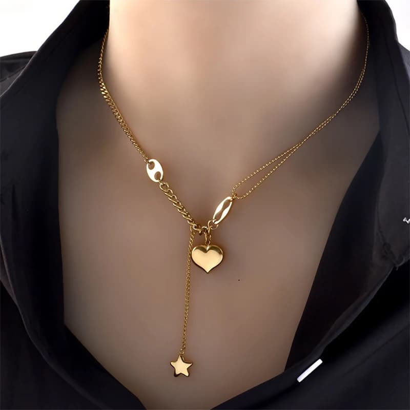 Moda in acciaio inox lungo amore cuore donne ragazze collane e ciondolo stella appesa catena girocollo dolce regalo di san valentino