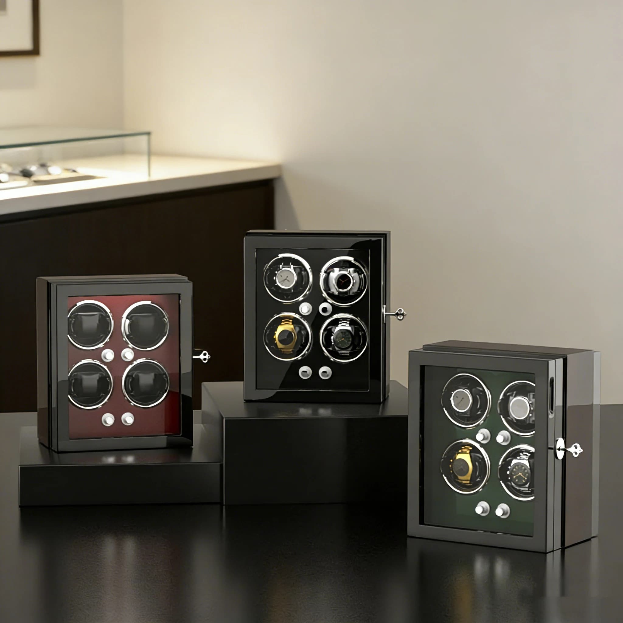 Luxury Black Red Green Leather Automatic Rotation Wood Watch Winder Storage Case Box