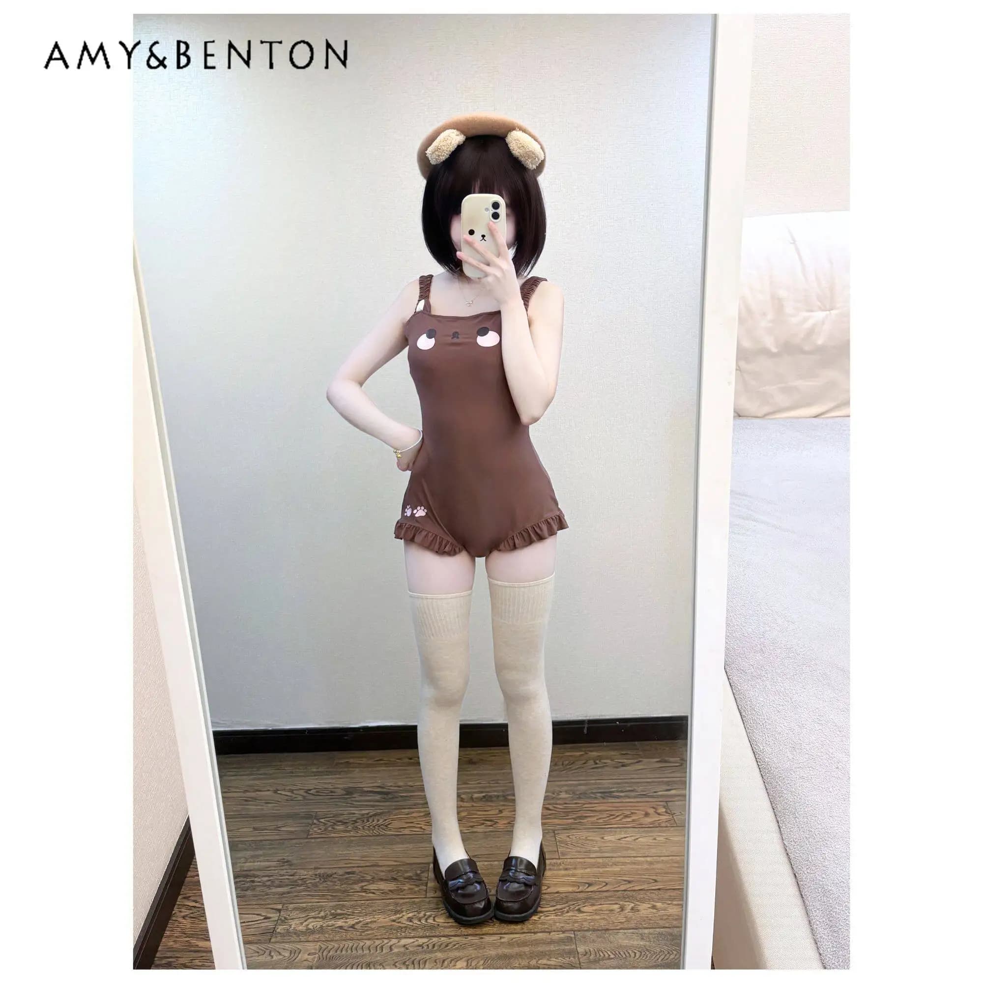 Costume da bagno intero Lolita marrone con stampa cartone animato, sexy e aderente, per donna, stile dolce e cool, novità estiva