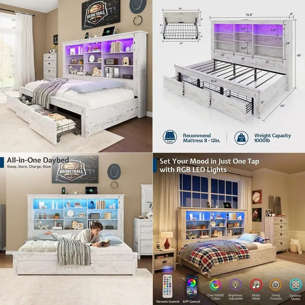 Twin Bed Frame with Storage Drawers, Bookcase Headboard, USB Charging, RGB Lights, Farmhouse Wood Daybed No Box Spring Needed,
