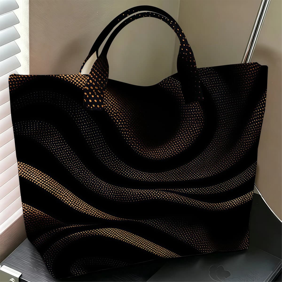Black Gold Wave Fashion Large Glossy PVC Tote Bag Hand Washable Waterproof Perfect Travel Commute Cosmetic Storage Shopper