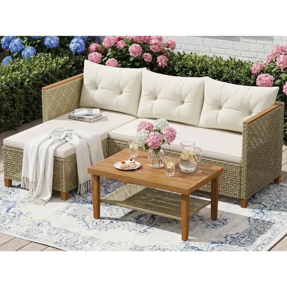 Set di Mobili da Giardino in Vimini, 3 Pezzi, Divano da Esterno con Cuscini Trapuntati, Set di Divani Componibili in Rattan PE per Cortile, Terrazza, Veranda