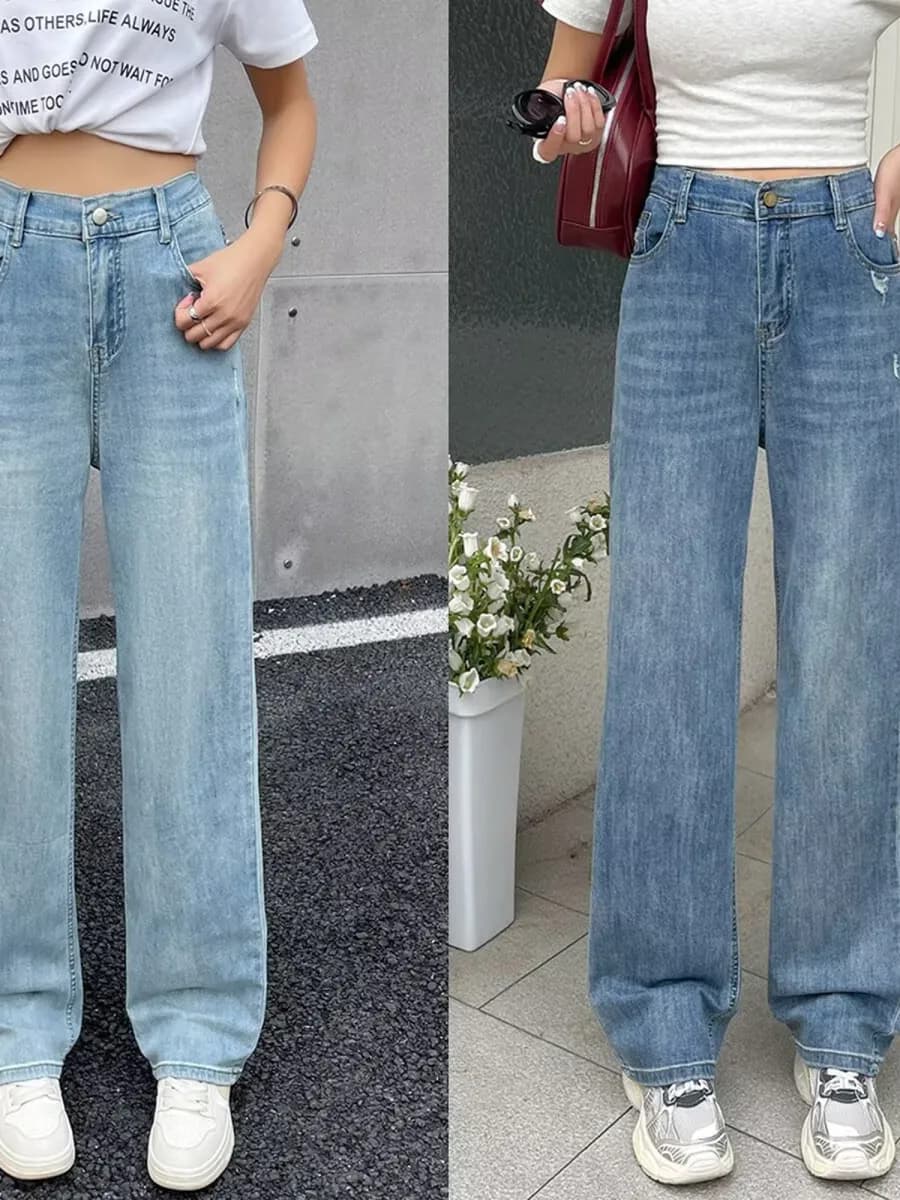 High Waist Wide Leg Jeans Women's plus Size Light Blue Straight Leg Pants Fashionable Slimming Stretchy Denim Trousers