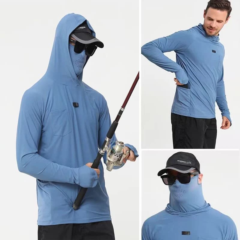 Felpa/Camicia da Pesca per Uomo ad Asciugatura Rapida, Protezione UV, in Tessuto Ice Silk, con Cappuccio, Rete Traspirante, Elastica, Maschera Integrata + Passanti per Orecchie, Clip per Occhiali da Sole, Coprimani, Tasche Grandi