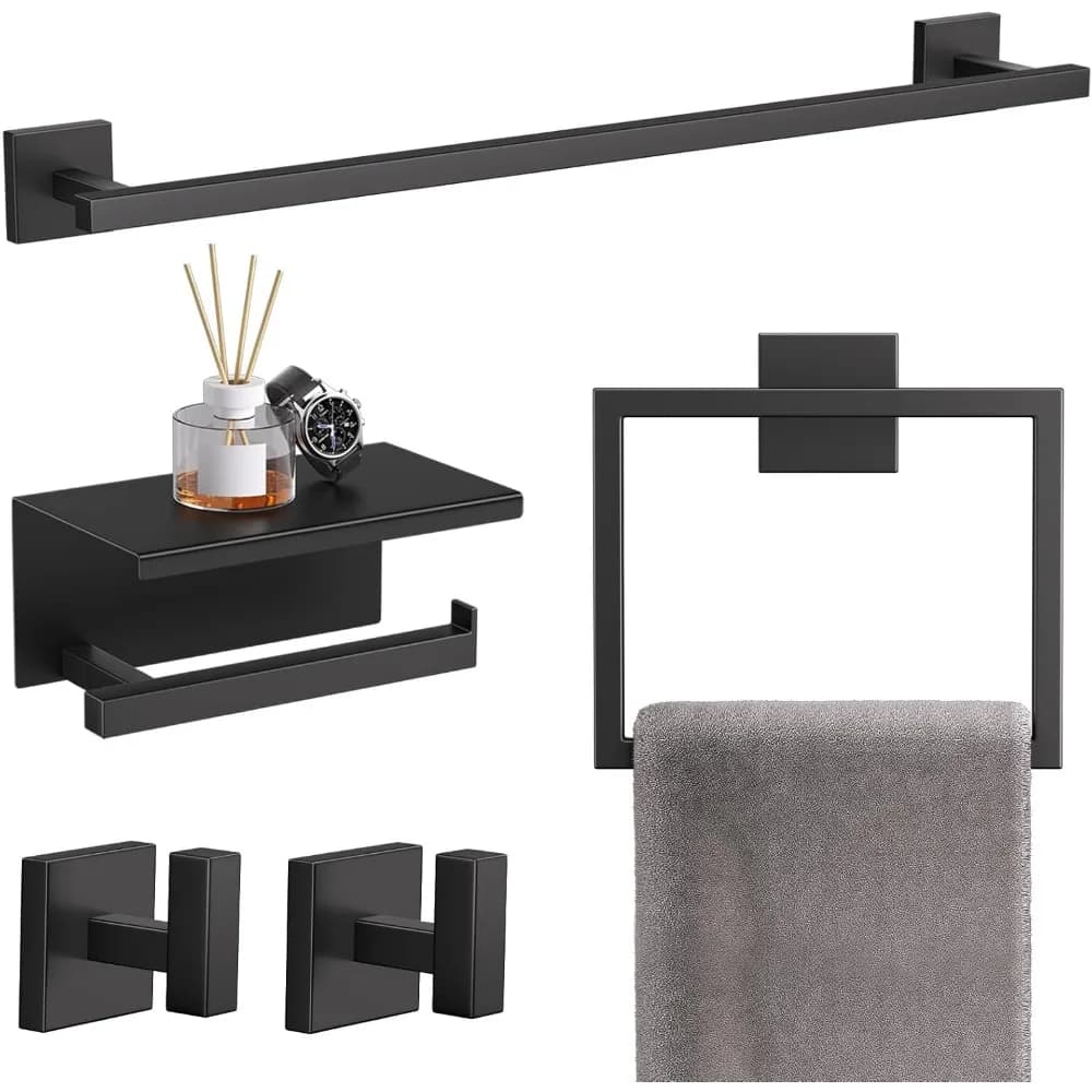Set di accessori per il bagno nero opaco da 5 pezzi, portasciugamani in acciaio inossidabile SUS304 da 23,6 pollici con porta carta igienica quadrata e ripiano