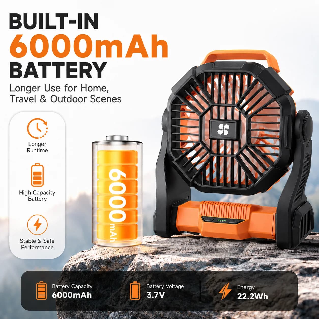Portable Camping Fan with Handle, 3 Speeds 3-Level LED Light USB-C Rechargeable Shock Resistant PP for Tent RV Garage Home