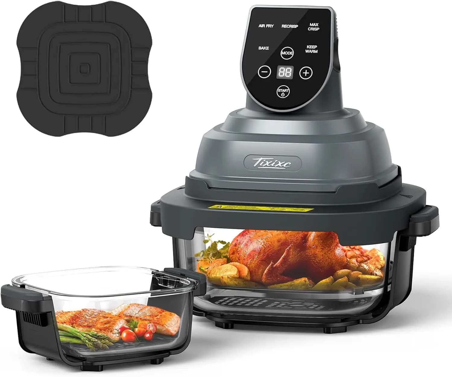 Friggitrice ad Aria Portatile 5-in-1 con Contenitori in Vetro da 4QT e 6 Tazze, Tappetino in Silicone, 1500W, Lavabile in Lavastoviglie