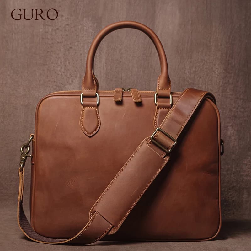 GURO Uomo Crazy Horse Valigetta in pelle di vacchetta Borsa in vera pelle di lusso Borsa a tracolla semplice e leggera Borse a tracolla per laptop