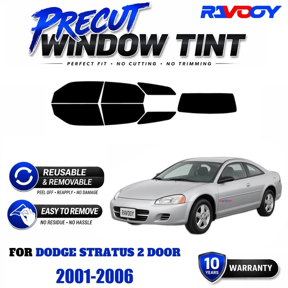 RAVOOY Precut Window Tint, Reusable Removable EPU Film, Custom Fit for Dodge Stratus 2 Door 2001-2006, UV Heat Protection