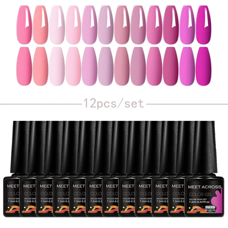 MEET ACROSS 12 Pz/set Set Smalto Gel Rosa Nudo Semi Permanente UV LED Kit Smalto Gel per Manicure Forniture Per Unghie FAI DA TE Vernice