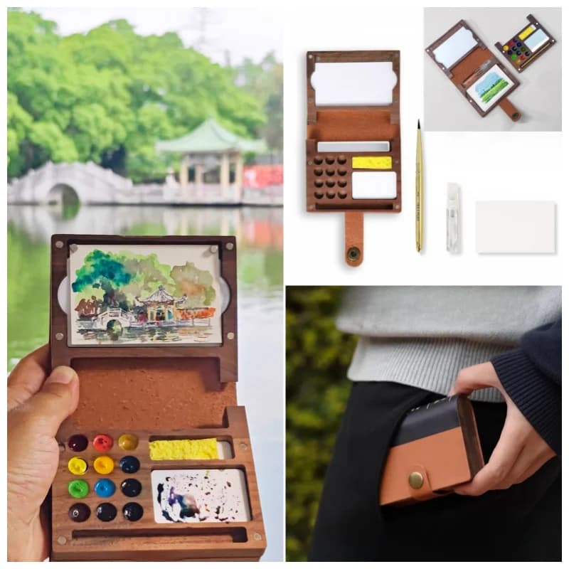 Portable Mini Book Watercolor Palette 12 Well Walnut Travel Outdoor Sketch Drawing Paint Box for Artists Beginners Art Tools