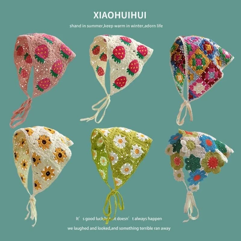 Sweet and cute Korean hair towel handmade crochet with triangle cable for hair accessories scarf flower woman girl