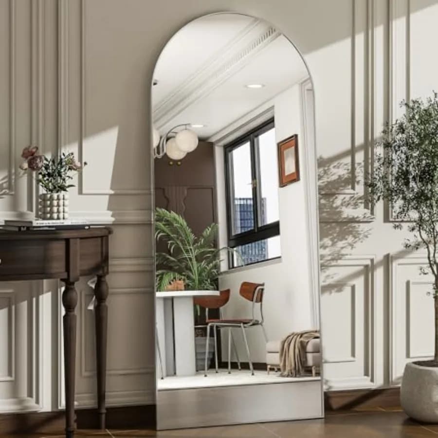 Specchio ad arco a figura intera, per bagno, soggiorno, camera da letto, ingresso; telaio in lega di alluminio; colore argento; montabile a parete o da terra.