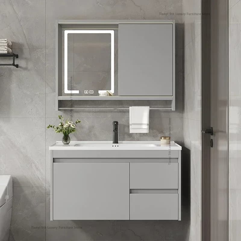 Mobile da bagno di lusso in stile europeo Mobili da bagno con specchio per rimozione nebbia in legno massello nordico a parete Arredo Bagno FYBC