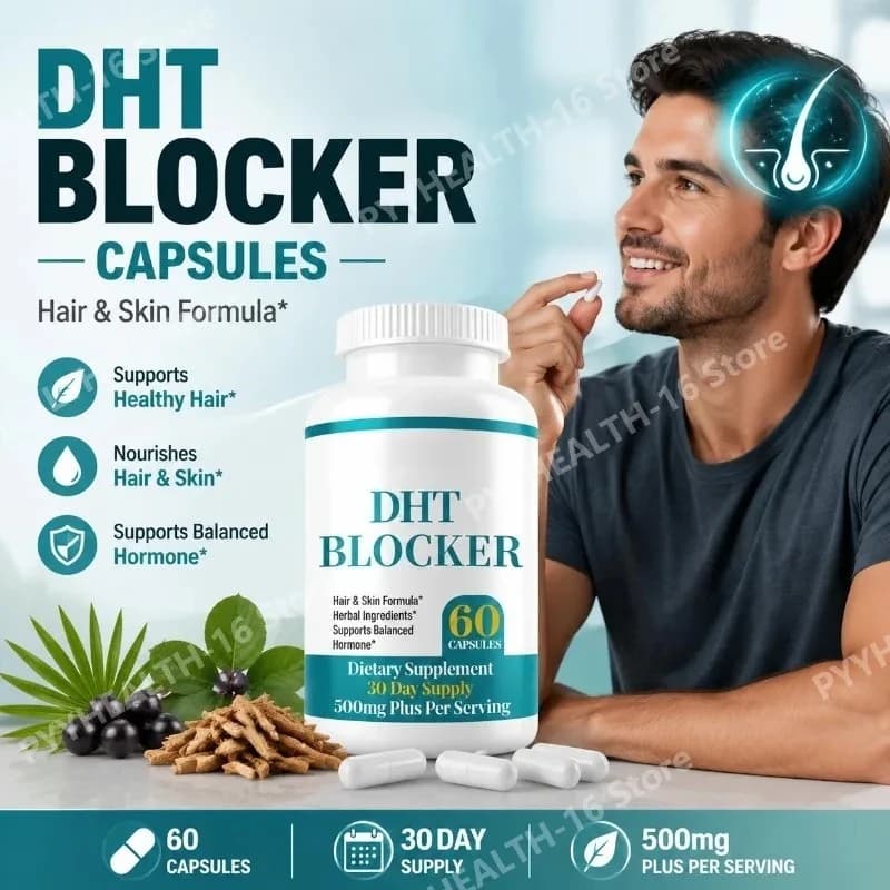 DHT Blocker Capsules with Biotin 5000mcg, Vitamin C, D, E, B6 & Zinc for Healthy Hair and Skin Support, Gluten-Free, 60 Count