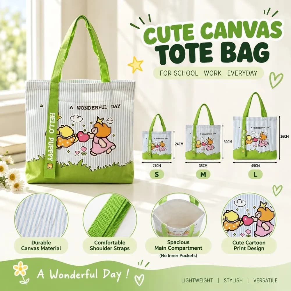 Cartoon Print Canvas Tote Bag Pixel Art Large Capacity Shoulder Bag Reusable Grocery Bag Shopping Bag Outdoor Activity