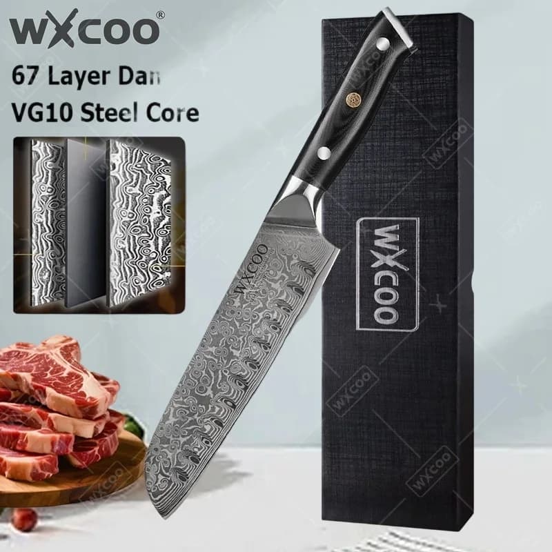 WXCOO Damascus Steel Kitchen Knife Household VG10 Santoku Japanese 67 Layers Powerful Chicken Bone Scissor Meat Cleaver