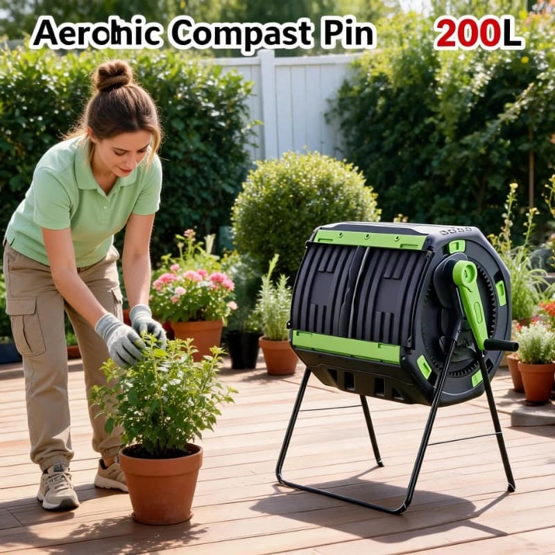 200L Rotating Drum Compost Bin, Home Kitchen Food Waste Fermentation Barrel, Large Capacity Outdoor Aerobic Compost Tumbler