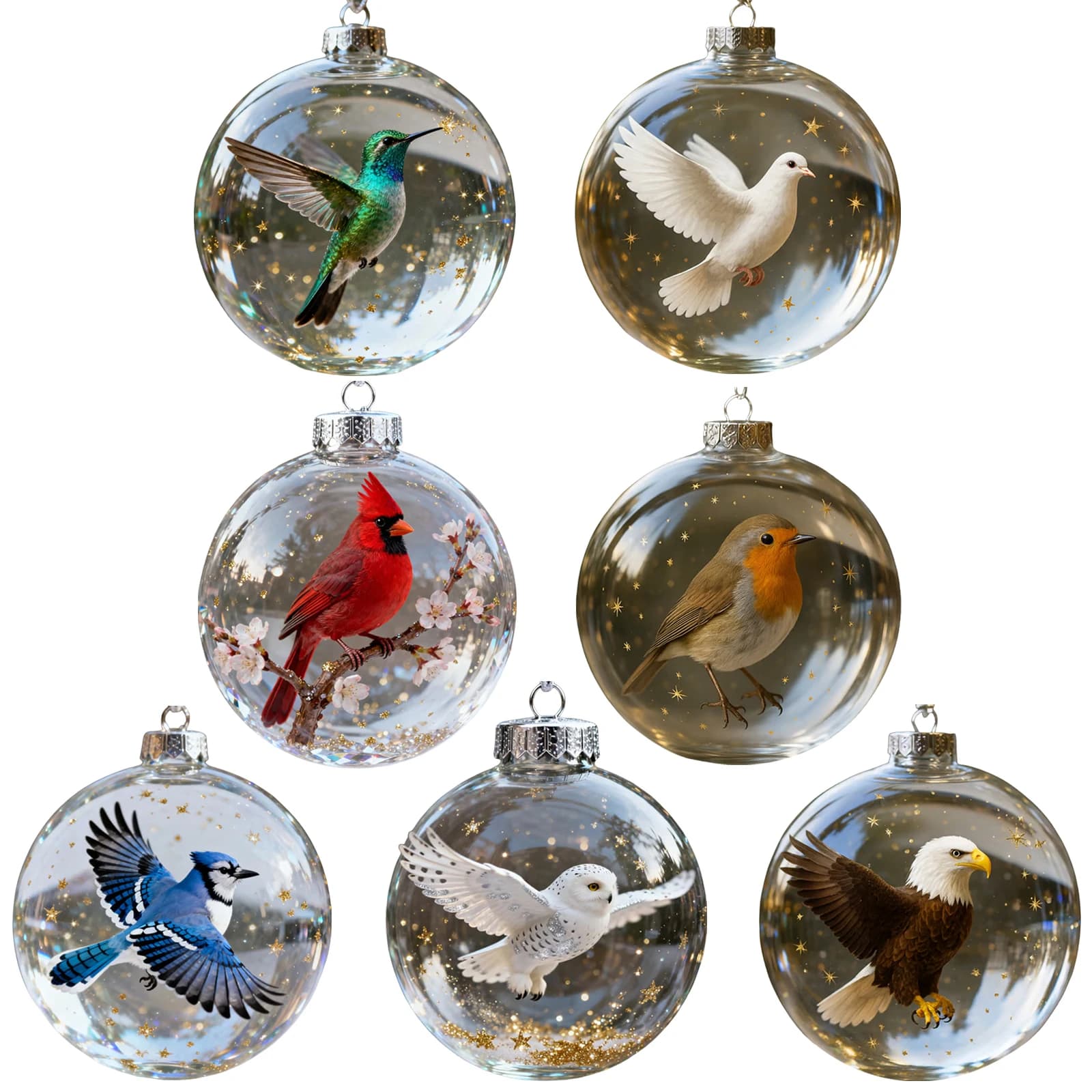 Set di ornamenti in cristallo di uccelli della natura, palline di Natale trasparenti, ciondolo da appendere all'albero di Natale, per decorazioni per la casa, feste di Natale