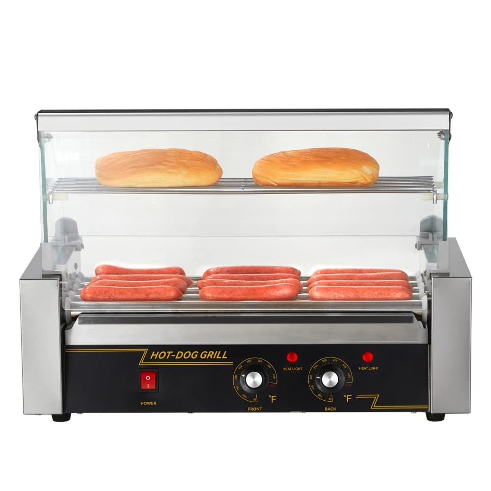 5 rulli per hot dog, capacità per 12 hot dog, griglia per salsicce in acciaio inox da 750W con doppio controllo della temperatura e coperchio in vetro.