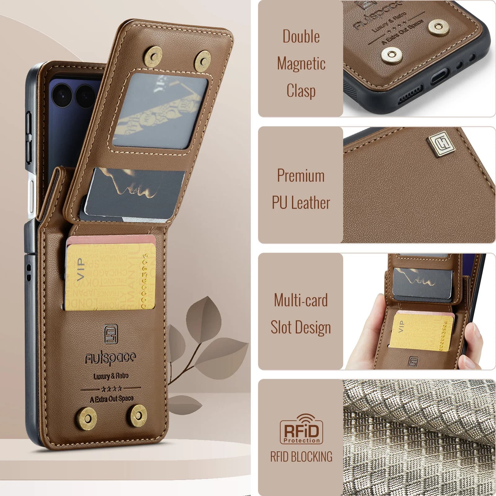 A02 RFID Blocking Wallet Phone Case For Samsung Galaxy Z Flip 8 PU Leather Vertical Flip Card Slots Cover Double Magnetic Snap