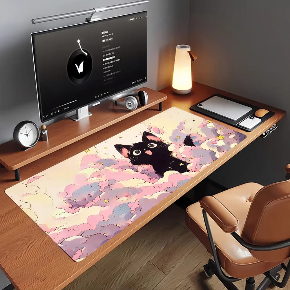 Tappetino per mouse Black Cat on Clouds, antiscivolo, con bordo bloccabile, per PC, laptop, accessori per ufficio, tastiera in gomma, tappetino da gioco XXL