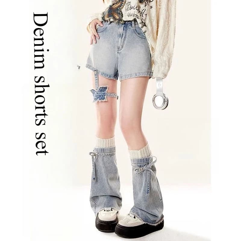 Set di pantaloncini di jeans Spice Girl Pantaloncini di jeans lavati a farfalla e cinturino sottoltura Y2K Calzini impilabili Copri per donna Ragazza kawaii