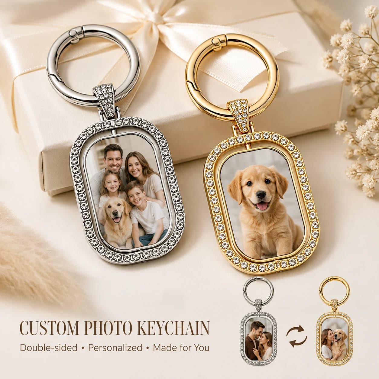 Customised 2 Photo Keychain Double‑Sided Photo Frame Keyrin Personalized Picture Pendant Meaningful Keepsake for Gift Decoration