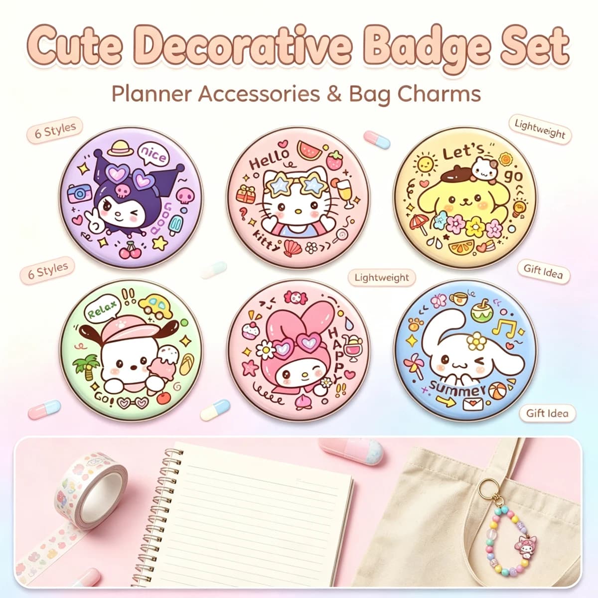Sanrio cute decorative badge set suitable for planners, bags, and clothing.
