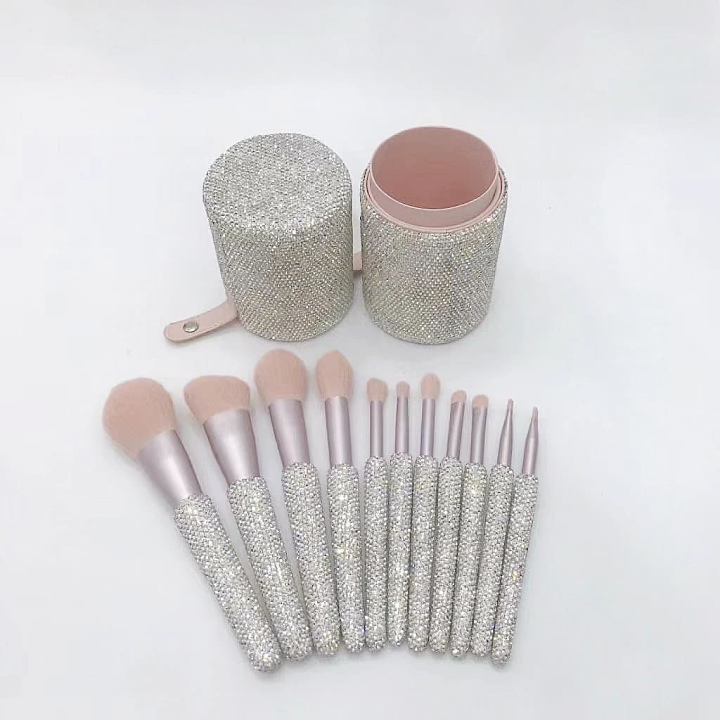 Makeup Brush Organizer with Rhinestones Cosmetic Storage Box Eyebrow Pencil Holder PU Leather Travel Make Up Tools 12 Set