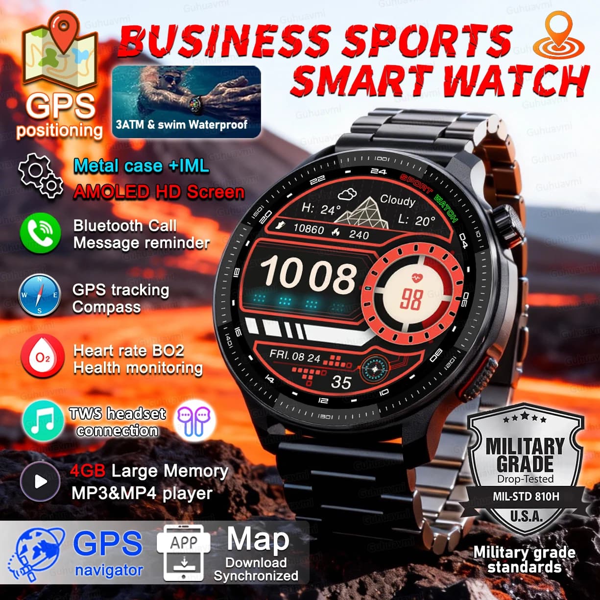 New Smart Watch GPS Offline Map 4GB Local Music Video Reader TWS Headphones Waterproof Smartwatch Compass for Andriod IOS GPS