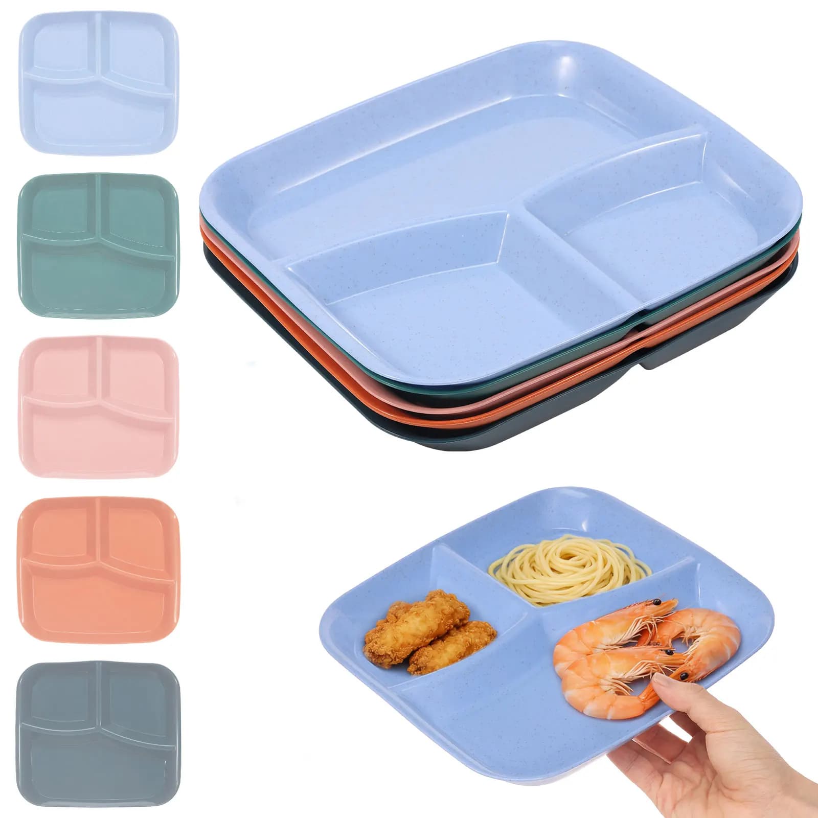 Piatto Diviso in Plastica Riutilizzabile 6/5 Pezzi, Piatto da Cena Impilabile, Vassoio per Mensa per Bambini e Adulti, Piatto per Dieta Controllata