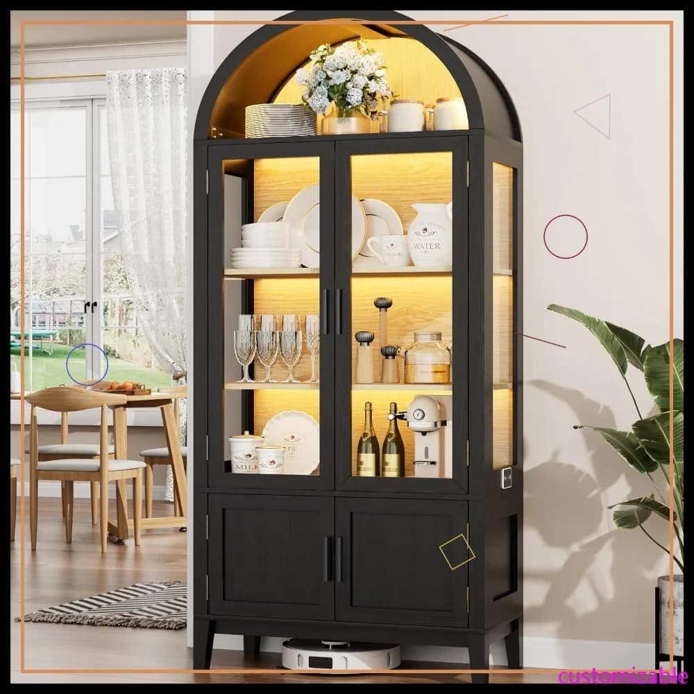 Armadietto con porta ad arco in vetro da 71" con luci a LED e sensore di movimento, contenitore a 5 livelli per cucina e soggiorno