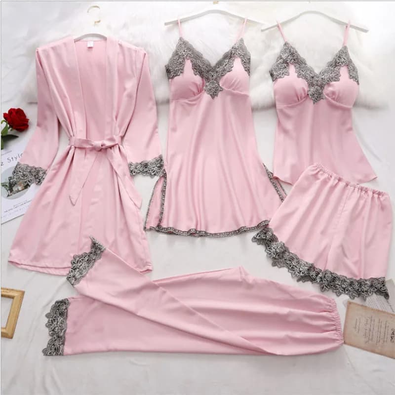 5 pieces sexy pyjamas bathrobe set, canoeing night shirt, canoe top + shorts, soft home dress, lace dress, evening dress