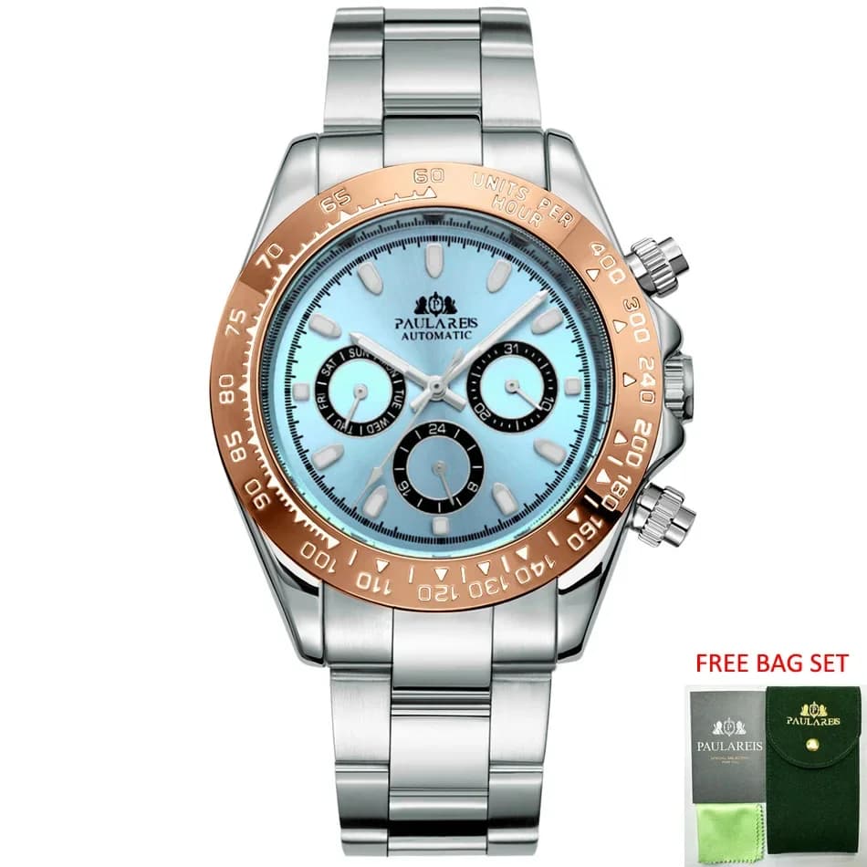 Orologi automatici da uomo Meccanici Self Weind Oro Acciaio inossidabile Glacier Ice Blue Castagno Marrone Lunetta Reloj Hombre Baratos