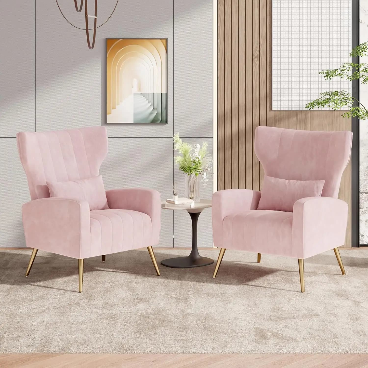 Set di 2 poltrone in velluto con schienale alto e cuscino lombare, gambe in metallo dorato, colore rosa, personalizzabili per camera da letto