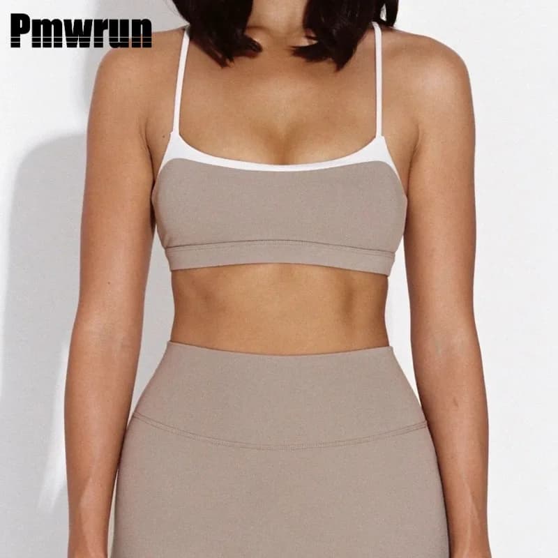 PMWRUN Yoga Set for Women Bra Pants Shorts Contrast Edge High Soft Elastic Waist Breathable for Gym Yoga Pilates Wear