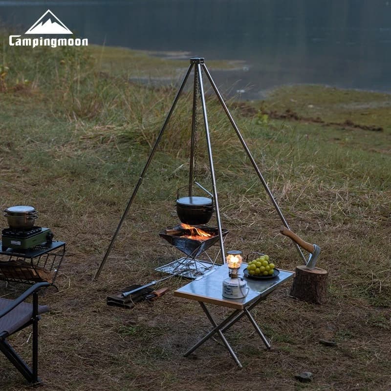 CAMPINGMOON Outdoor MT-130 treppiede da campeggio forniture per barbecue in acciaio inossidabile, pentole da picnic, staffa per pentola sospesa