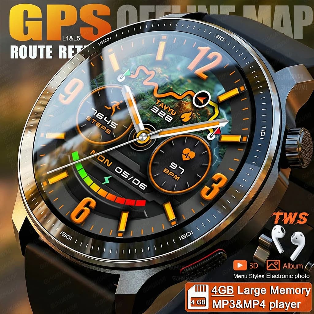 Nuovo Smartwatch con 4GB di Memoria, GPS, Mappe Offline, Musica e Video Localizzati, 200+ Quadranti Personalizzabili, Impermeabile per Nuoto e Sport all'Aperto, Orologio Militare Antiurto