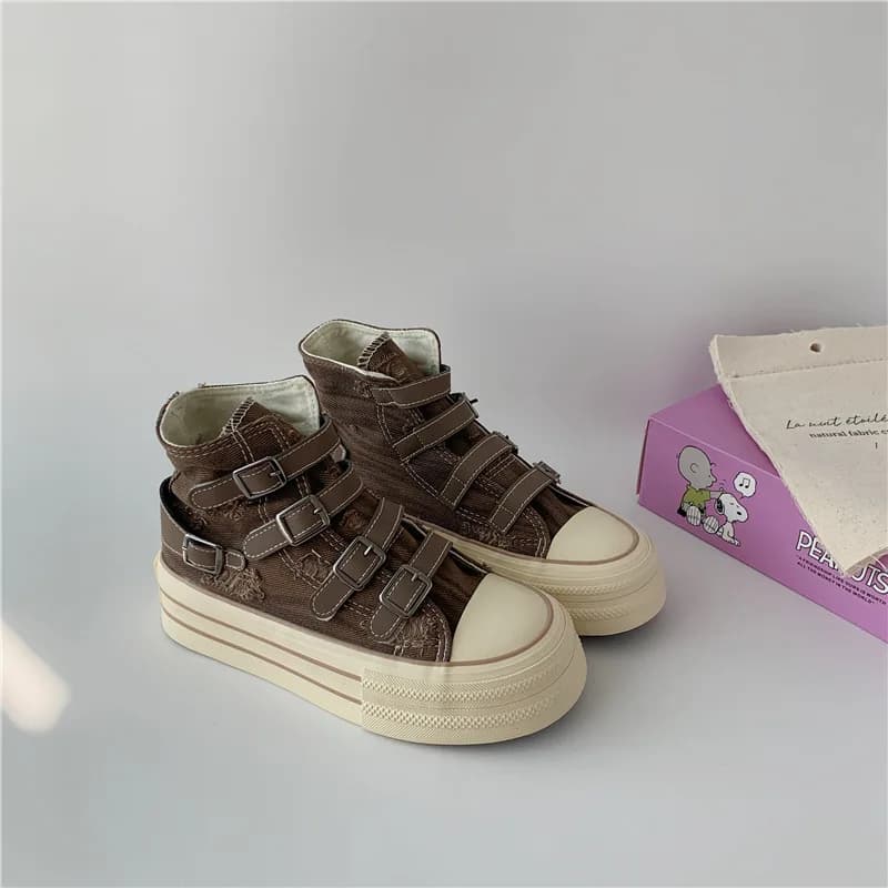 2026 Spring and Autumn New Thick soled Short tube Canvas Boots French Casual Breathable Buckle Fashion Women's Single Shoes