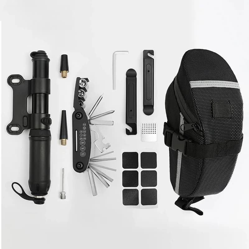 Kit di strumenti di riparazione biciclette portatili Kit di strumenti di riparazione bici Pompa Borsa da sella Patch per pneumatici Set di strumenti chiave multifunzionale Accessori