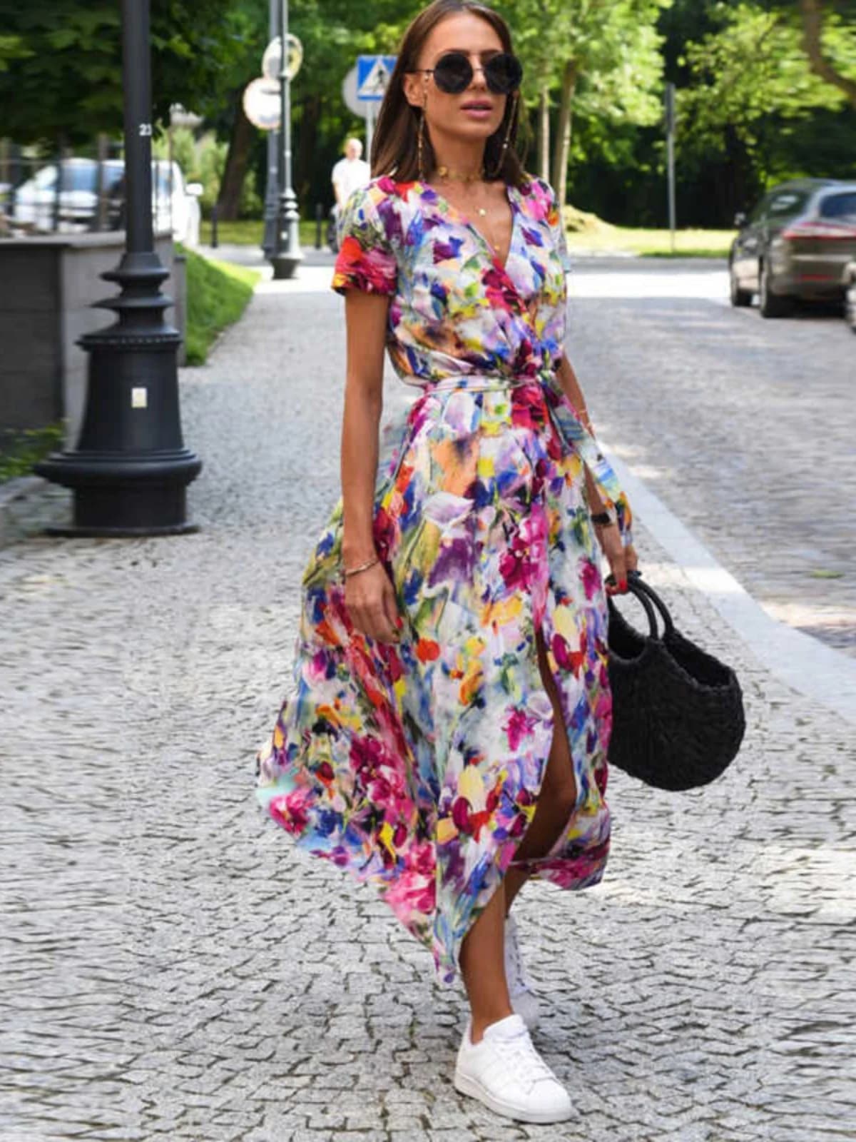Summer Women's Holiday Watercolor Print Long Dress Sash Waist Cinch Short Sleeve V-neck A-line Gown mid Waist Regular Material