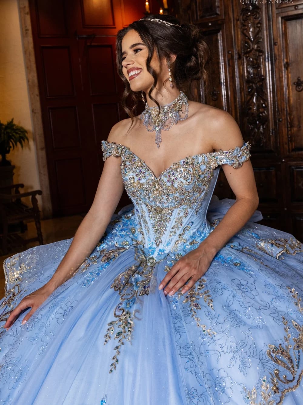Luxury Light Blue Princess Quinceanera Dress Off Shoulder Beaded Gold Appliques 3D Flowers Corset Tulle Ball Gown Customized