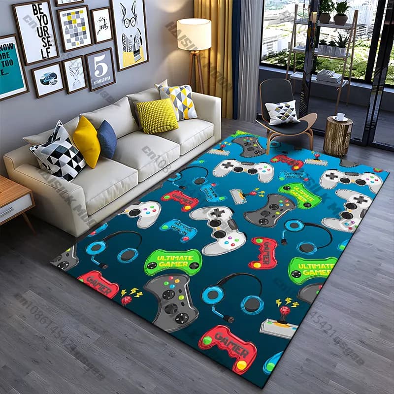 Tappeto a tema gaming e attrezzature da gioco, tappetino yoga per soggiorno, decorazione per cameretta, tappetino per gattonare per bambini, zerbino, tappeto per area giochi