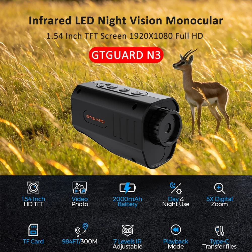Visore Notturno GTGUARD N3 con Schermo TFT HD da 1,54 Pollici, Registrazione Video FHD 1080P, Monocolo con Visione Notturna a Infrarossi